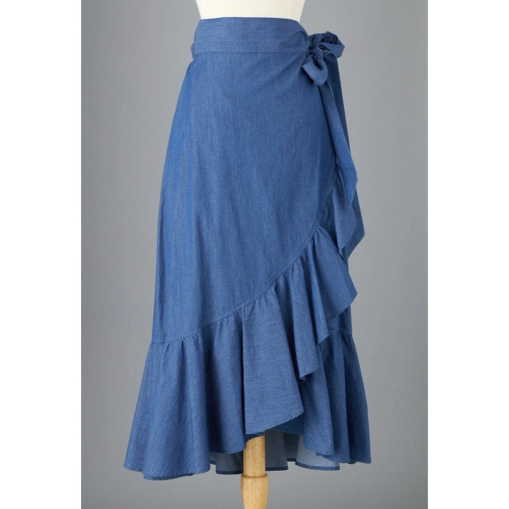 J. Peterman Blue Wrap Midi Skirt with Ruffle